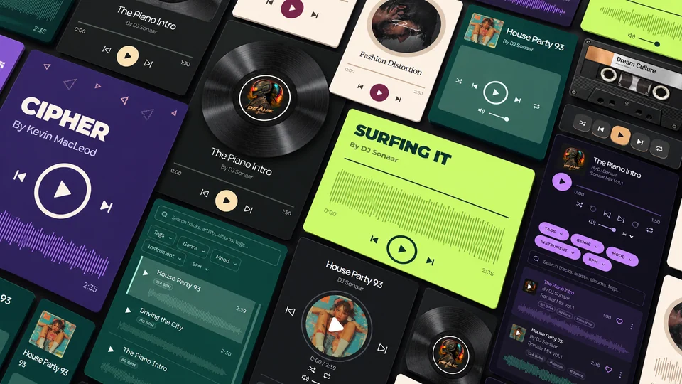 Sonaar Audio Player templates with vinyl artwork, playlists, and waveform controls