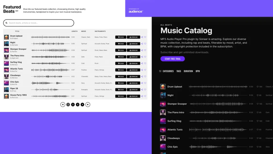 MP3 Audio Player Pro waveform tracklist