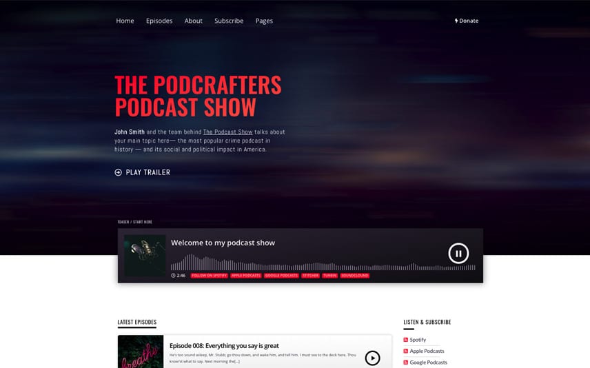 Thème WordPress de Podcrafter pour le podcasting avec Ajax